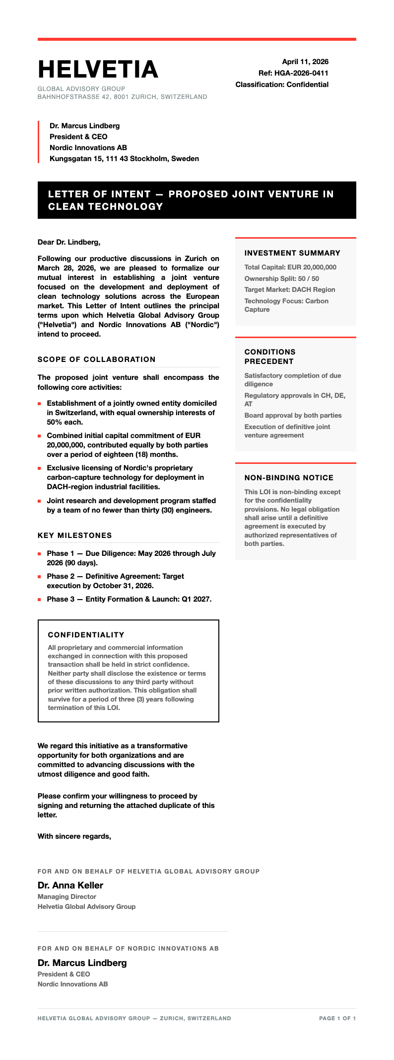 Swiss international Letter of Intent